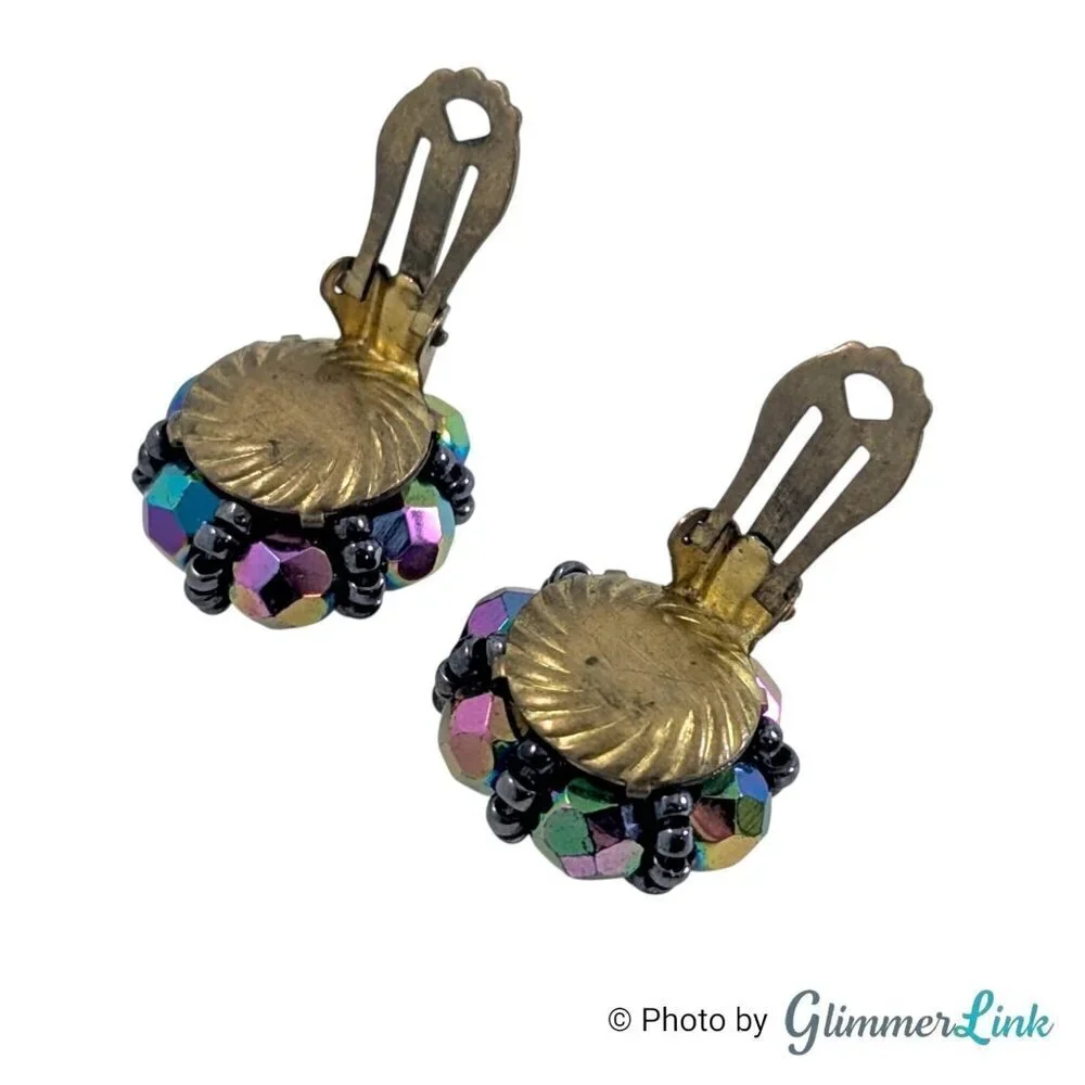 Signed Austria Vintage AB Purple Black Beaded Cluster Clip On Earrings